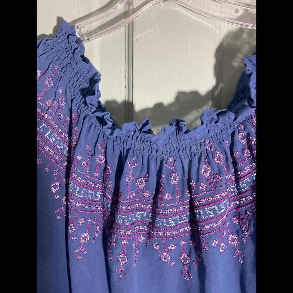 Boutique Sheer Blue  Boho Blouse with Purple Embroidery and Tassels Size XL - Picture 9 of 9